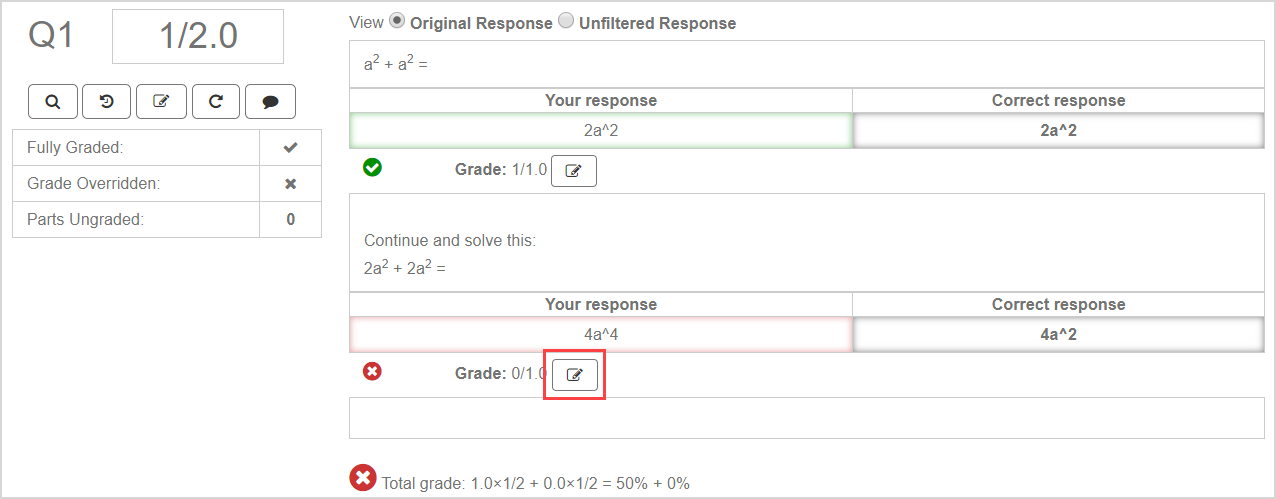 The edit part grade icon is shown beside the part grade for each response area.